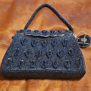 Elegant Beaded Clutch in Black and Blue
